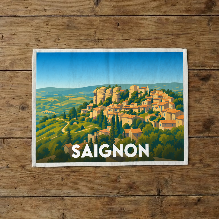 Torchon souvenir de la ville de Saignon illustré d'un paysage provençal stylisé.