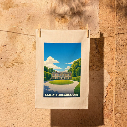 Torchon souvenir de la ville de Sailly-Flibeaucourt avec une illustration stylisée d'un château.