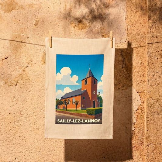 Torchon souvenir de la ville de Sailly-lez-Lannoy illustré d'une église sous un ciel bleu.