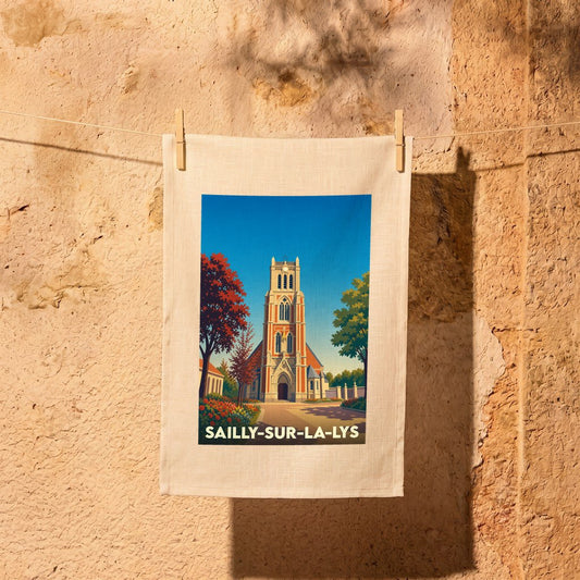 Torchon souvenir de la ville de Sailly-sur-la-Lys avec une illustration stylisée de son église.