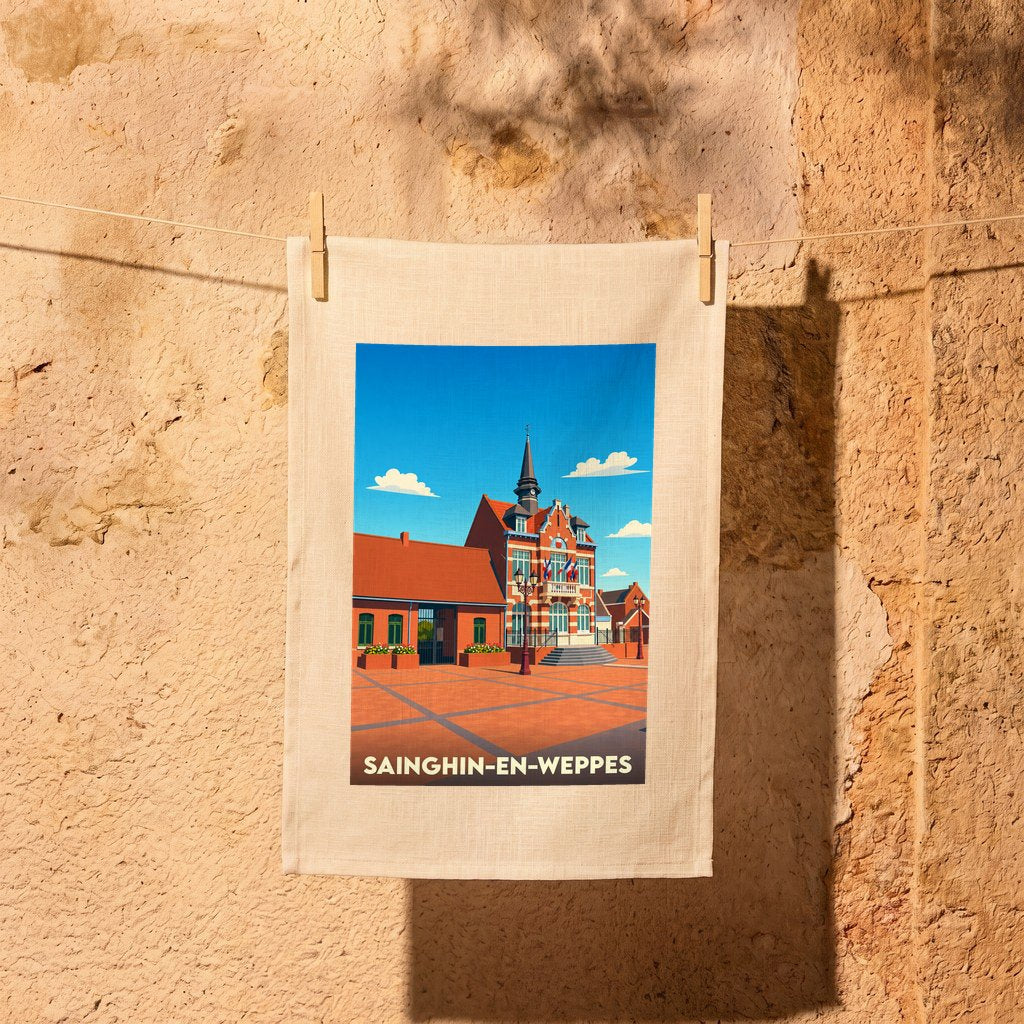 Torchon souvenir de la ville de Sainghin-en-Weppes avec une illustration stylisée de son hôtel de ville.