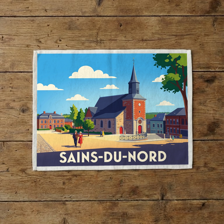 Torchon souvenir de la ville de Sains-du-Nord avec une illustration stylisée et colorée.