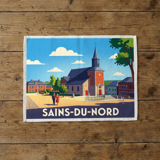 Torchon souvenir de la ville de Sains-du-Nord avec une illustration stylisée et colorée.