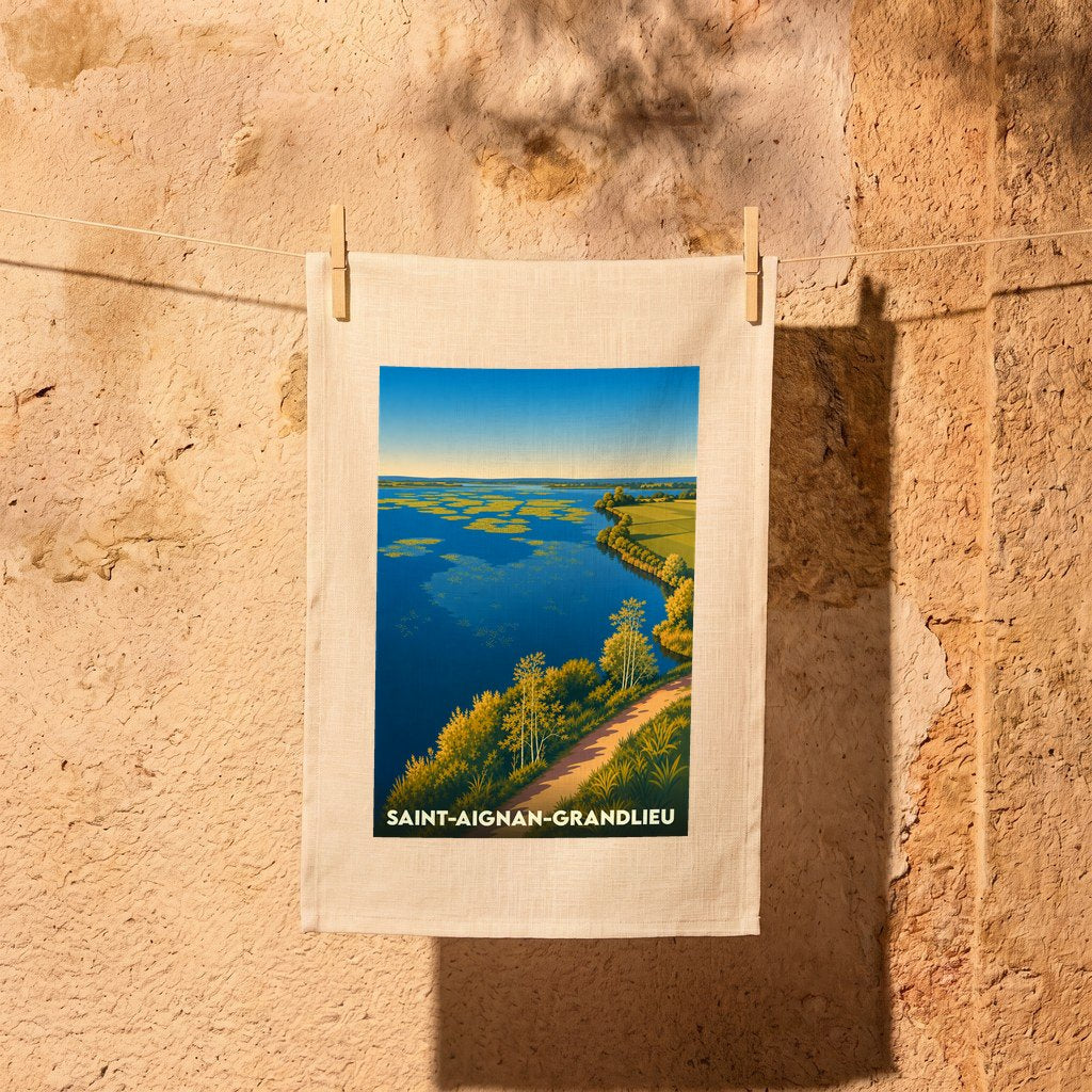 Torchon souvenir de Saint-Aignan-Grandlieu illustré par un paysage lacustre stylisé.