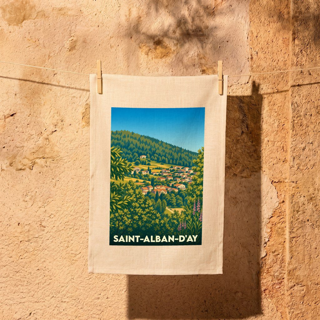 Torchon souvenir de la ville de Saint-Alban-d'Ay avec une illustration stylisée.