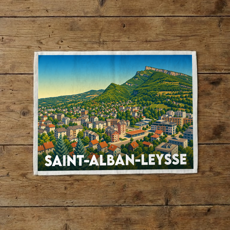 Torchon souvenir de la ville de Saint-Alban-Leysse avec une illustration stylisée d'un paysage montagneux.