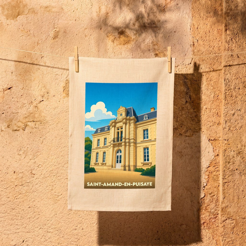 Torchon souvenir de la ville de Saint-Amand-en-Puisaye avec une illustration stylisée de son château.
