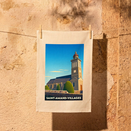 Torchon souvenir de Saint-Amand-Villages avec une illustration stylisée de son église sous un ciel bleu.