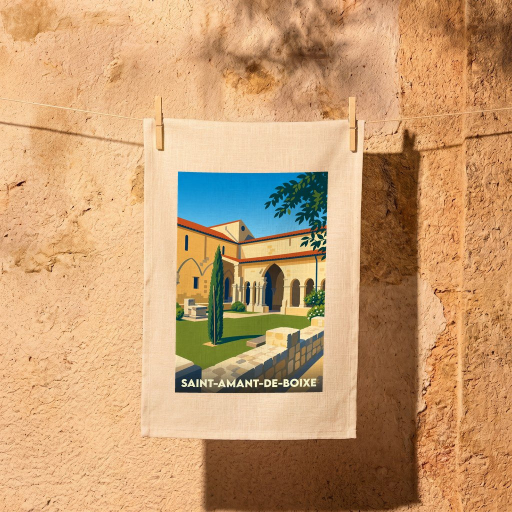 Torchon souvenir de la ville de Saint-Amant-de-Boixe avec une illustration stylisée de son abbaye.