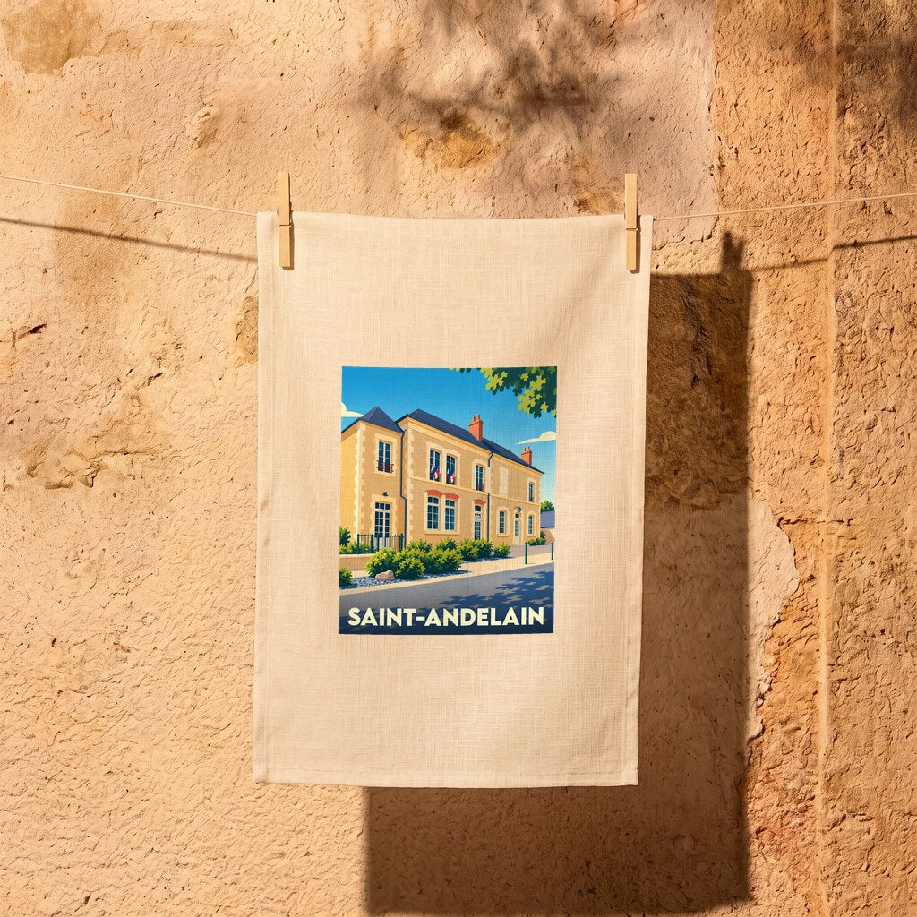 Torchon souvenir de la ville de Saint-Andelain avec une illustration stylisée.