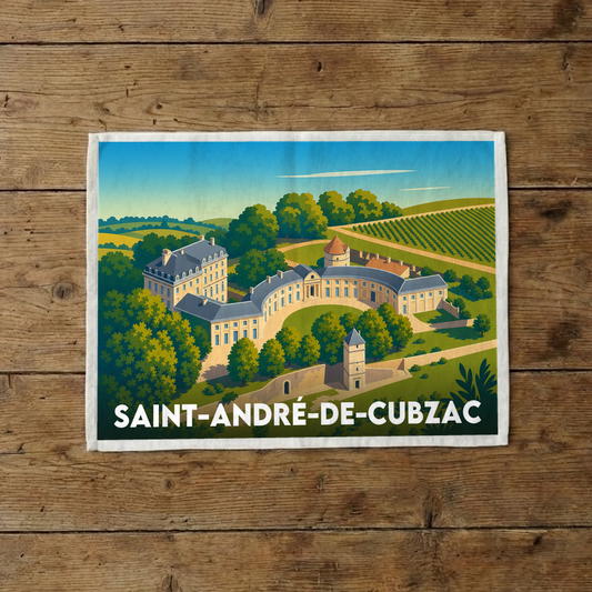 Torchon souvenir de la ville de Saint-André-de-Cubzac avec une illustration stylisée d'un château entouré de verdure.