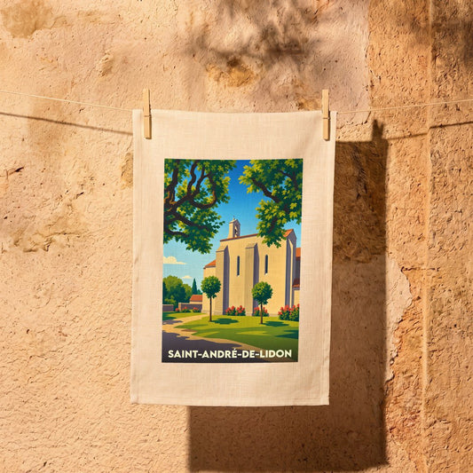 Torchon souvenir de la ville de Saint-André-de-Lidon avec une illustration stylisée de son église.
