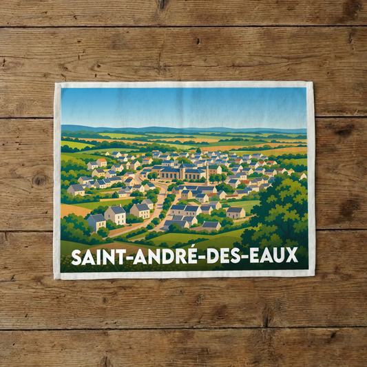 Torchon souvenir de la ville de Saint-André-des-Eaux avec une illustration stylisée du village et de sa campagne environnante.