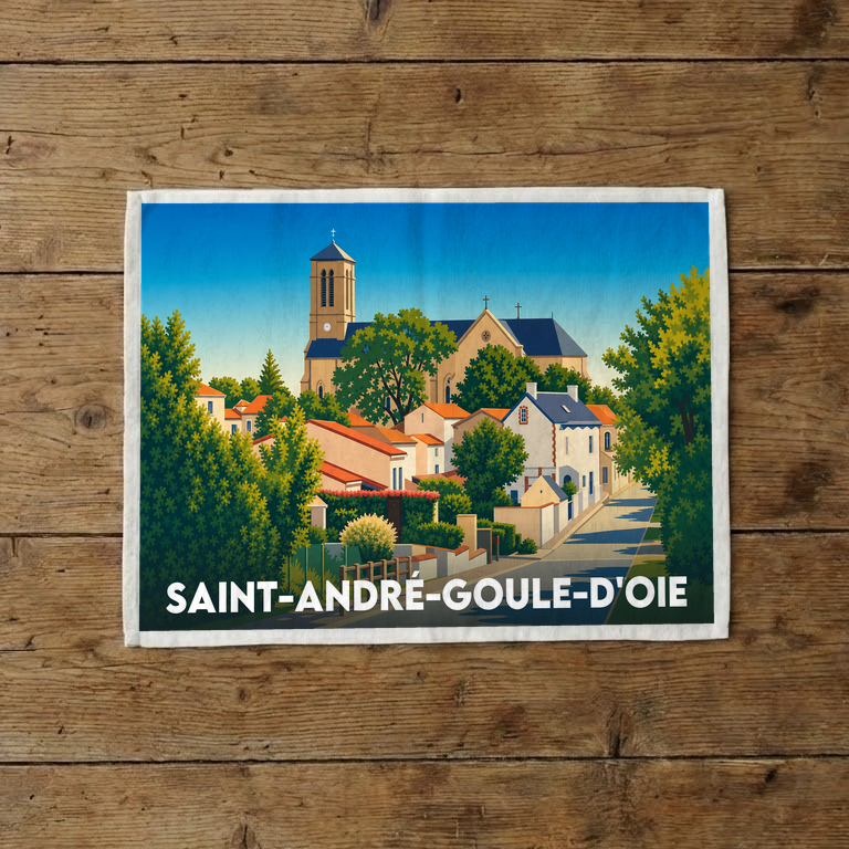 Torchon souvenir de la ville de Saint-André-Goule-d'Oie avec une illustration colorée et stylisée.