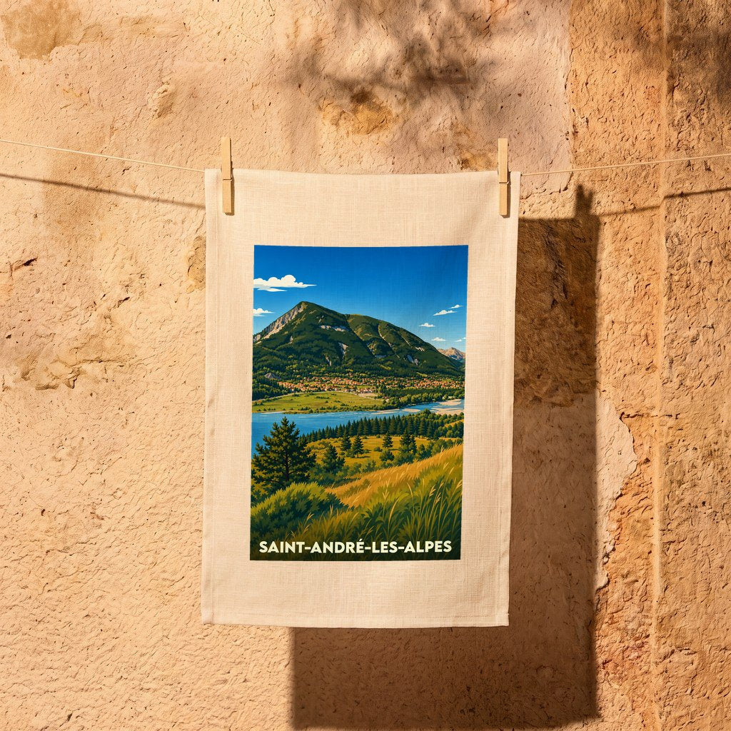 Torchon souvenir de la ville de Saint-André-les-Alpes avec une illustration de paysage de montagne.