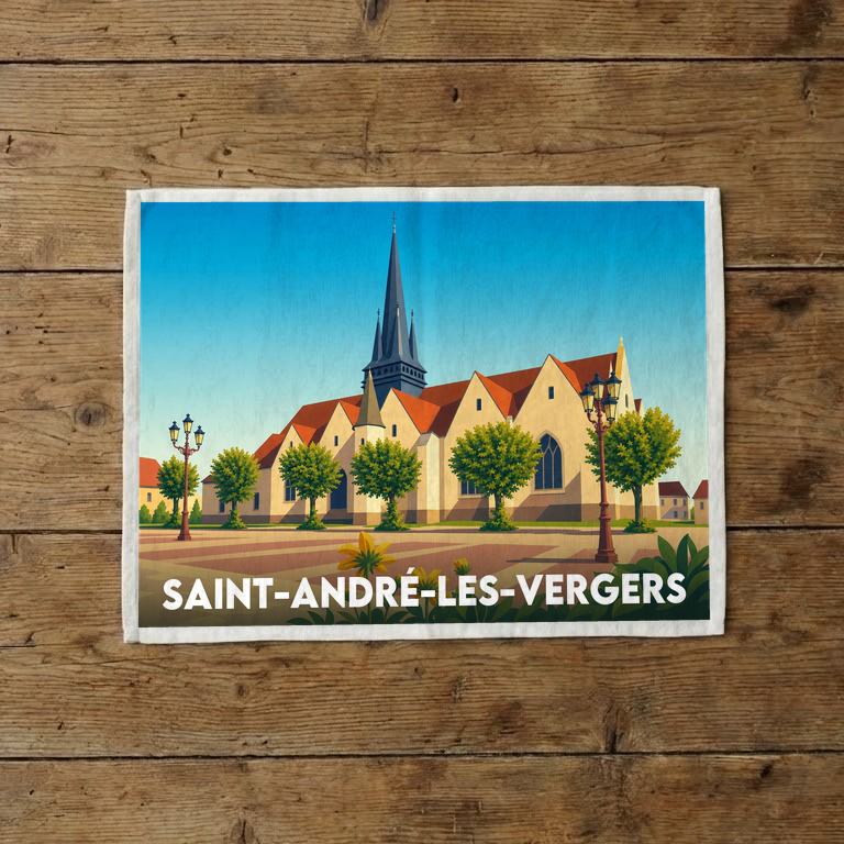 Torchon souvenir de la ville de Saint-André-les-Vergers avec une illustration stylisée de son église.
