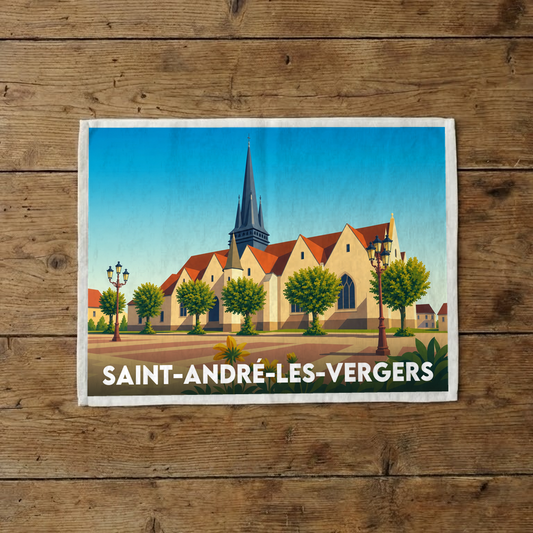 Torchon souvenir de la ville de Saint-André-les-Vergers avec une illustration stylisée de son église.
