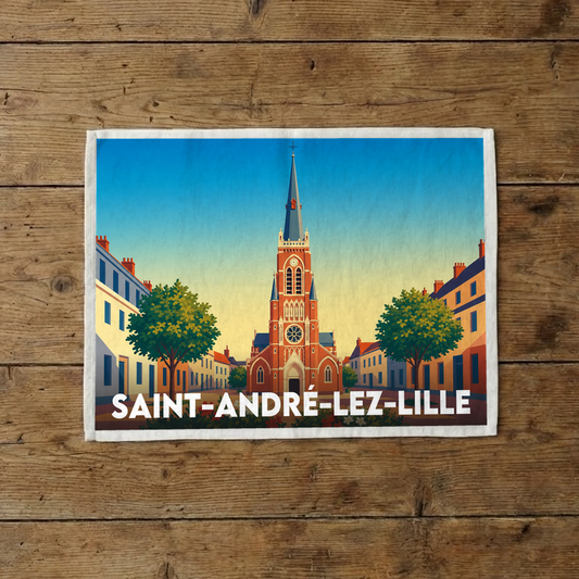 Torchon souvenir de la ville de Saint-André-lez-Lille avec une illustration stylisée de son église centrale.