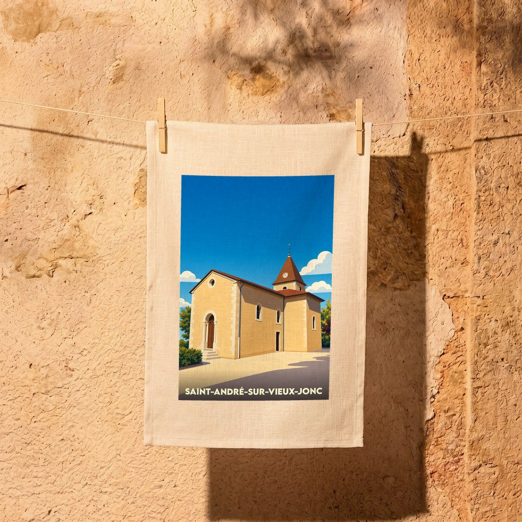 Torchon souvenir de la ville de Saint-André-sur-Vieux-Jonc avec une illustration stylisée de son église.