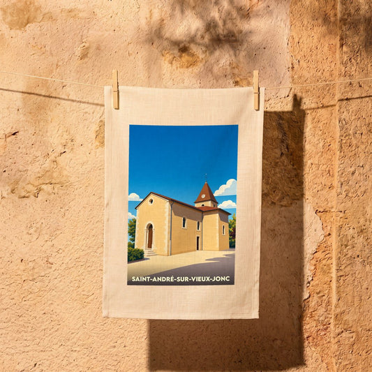Torchon souvenir de la ville de Saint-André-sur-Vieux-Jonc avec une illustration stylisée de son église.