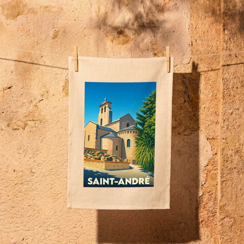 Torchon souvenir de la ville de Saint-André avec une illustration stylisée de son église romane.