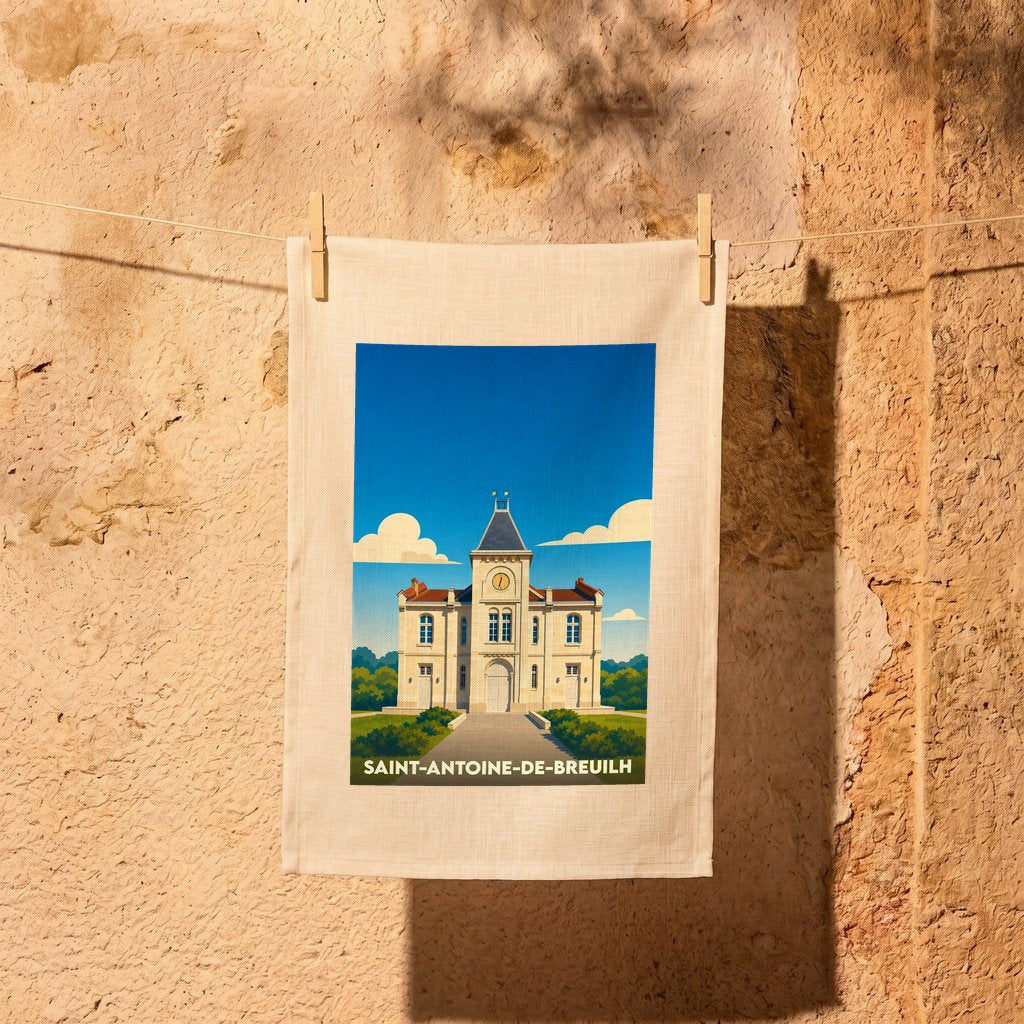 Torchon souvenir de la ville de Saint-Antoine-de-Breuilh avec une illustration stylisée de sa mairie.
