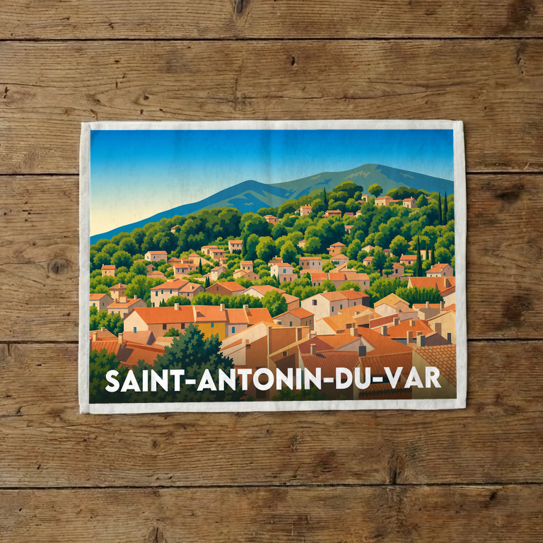Torchon souvenir de la ville de Saint-Antonin-du-Var avec une illustration stylisée.