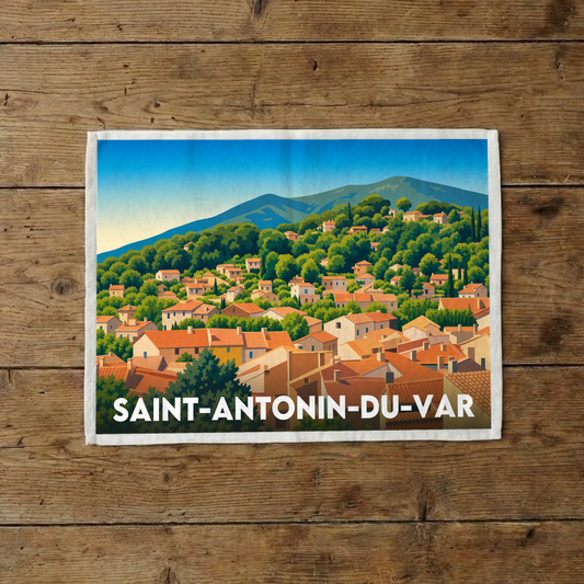 Torchon souvenir de la ville de Saint-Antonin-du-Var avec une illustration stylisée.