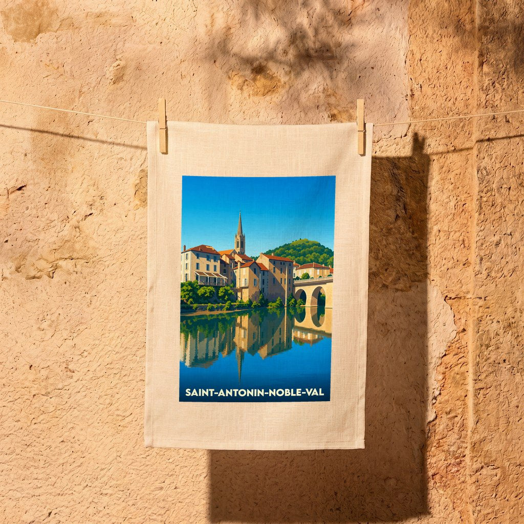 Torchon souvenir de la ville de Saint-Antonin-Noble-Val avec une illustration stylisée.