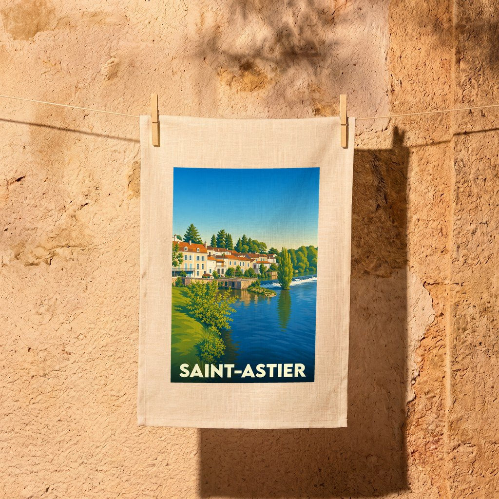 Torchon souvenir de la ville de Saint-Astier avec une illustration stylisée des bords de l'Isle.