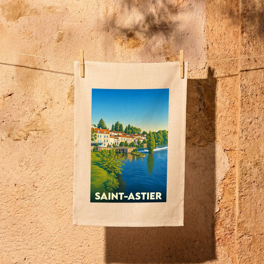 Torchon souvenir de la ville de Saint-Astier avec une illustration stylisée des bords de l'Isle.