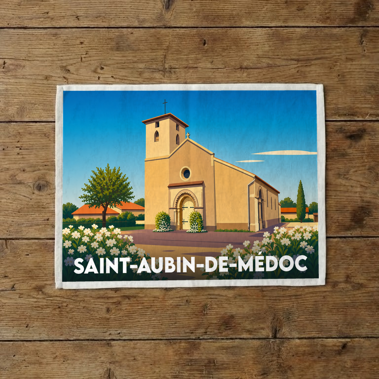 Torchon souvenir de la ville de Saint-Aubin-de-Médoc avec une illustration stylisée de son église sous un ciel bleu.