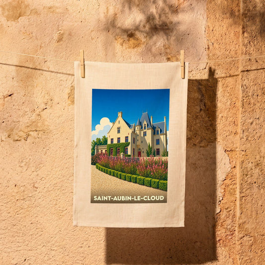 Torchon souvenir de la ville de Saint-Aubin-le-Cloud avec une illustration stylisée de son château.