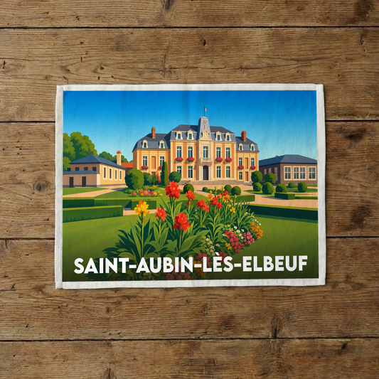 Torchon souvenir de la ville de Saint-Aubin-lès-Elbeuf illustrant son hôtel de ville et ses jardins dans un style rétro.