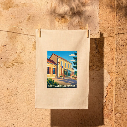 Torchon souvenir de la ville de Saint-Aubin-les-Forges avec une illustration stylisée.