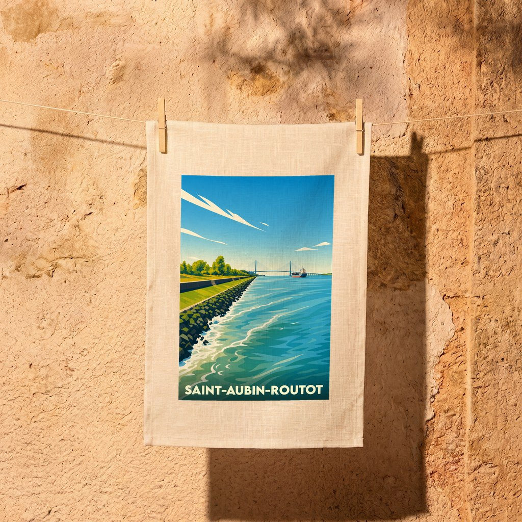 Torchon souvenir de la ville de Saint-Aubin-Routot illustré d'une vue stylisée sur l'eau et un pont suspendu.