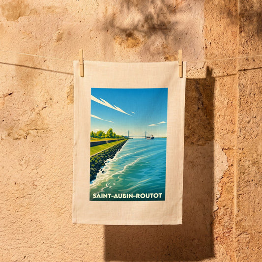 Torchon souvenir de la ville de Saint-Aubin-Routot illustré d'une vue stylisée sur l'eau et un pont suspendu.