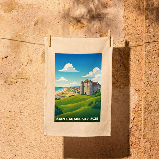 Torchon souvenir de la ville de Saint-Aubin-sur-Scie avec une illustration stylisée de son paysage côtier et de son château.