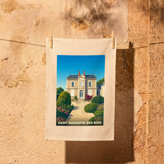 Torchon souvenir de la ville de Saint-Augustin-des-Bois avec une illustration stylisée d'une demeure bourgeoise et de ses jardins.