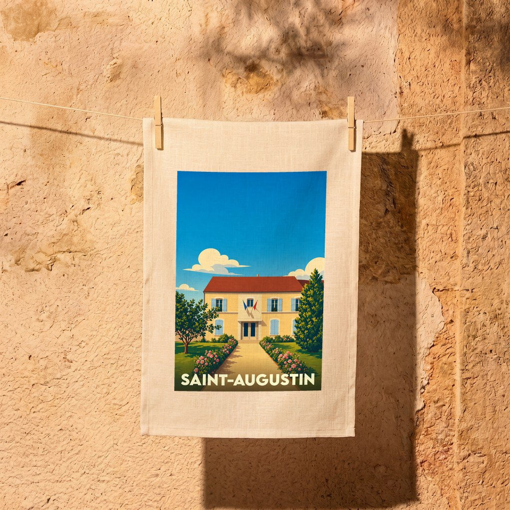 Torchon souvenir de la ville de Saint-Augustin avec une illustration stylisée d'une bâtisse ensoleillée.