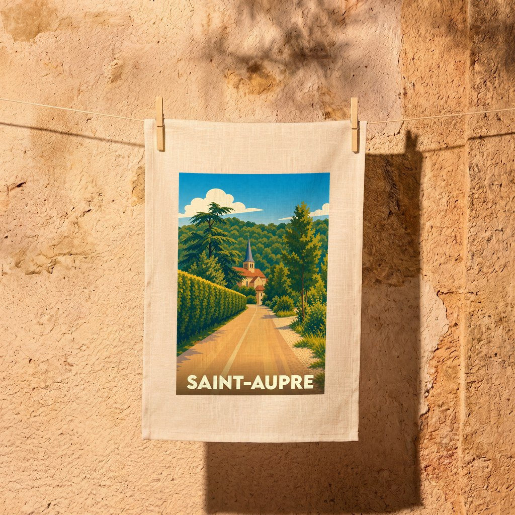 Torchon souvenir de la ville de Saint-Aupre avec une illustration stylisée.