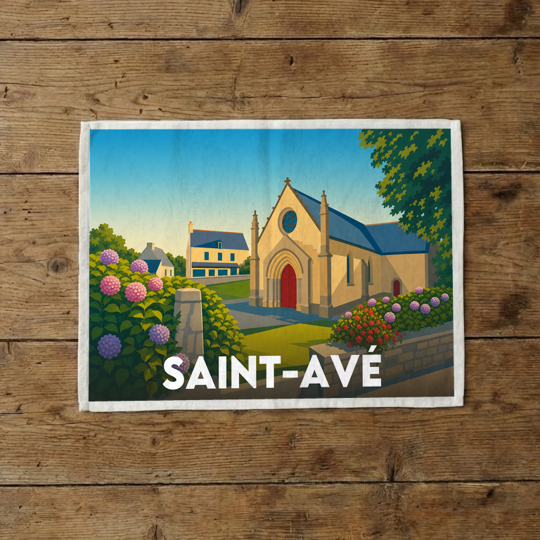 Torchon souvenir de la ville de Saint-Avé avec une illustration stylisée de son église et d'hortensias.