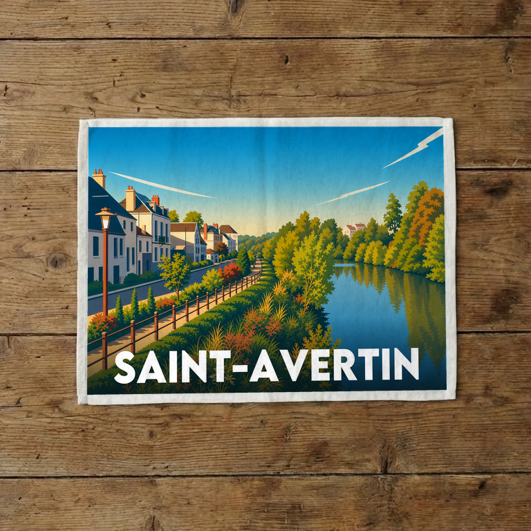 Torchon souvenir de la ville de Saint-Avertin avec une illustration stylisée.