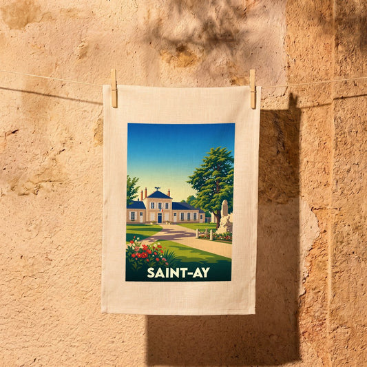 Torchon souvenir de la ville de Saint-Ay avec une illustration stylisée d'une demeure bourgeoise.