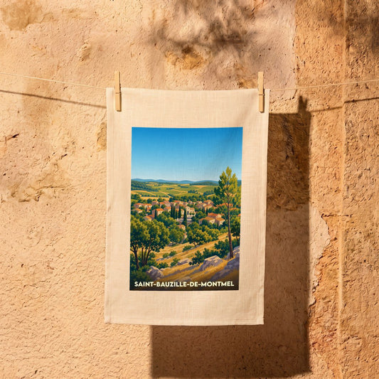 Torchon souvenir de la ville de Saint-Bauzille-de-Montmel avec une illustration de paysage stylisée.