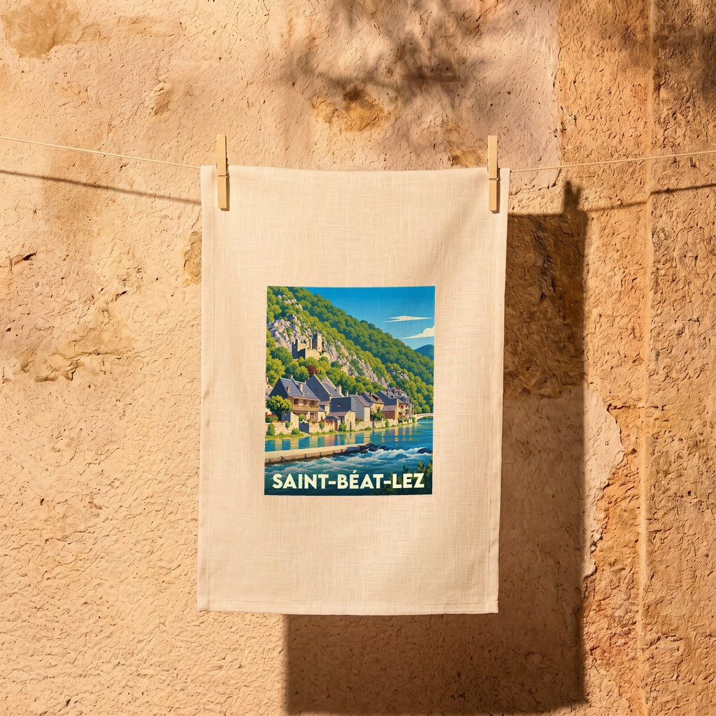 Torchon souvenir de la ville de Saint-Béat-Lez avec une illustration stylisée d'un paysage montagneux en bord de rivière.