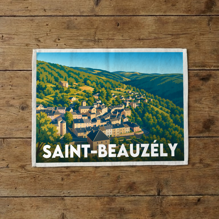 Torchon souvenir de la ville de Saint-Beauzély avec une illustration stylisée du village niché dans les collines.