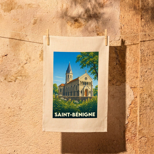 Torchon souvenir de la ville de Saint-Bénigne avec une illustration stylisée de son église.