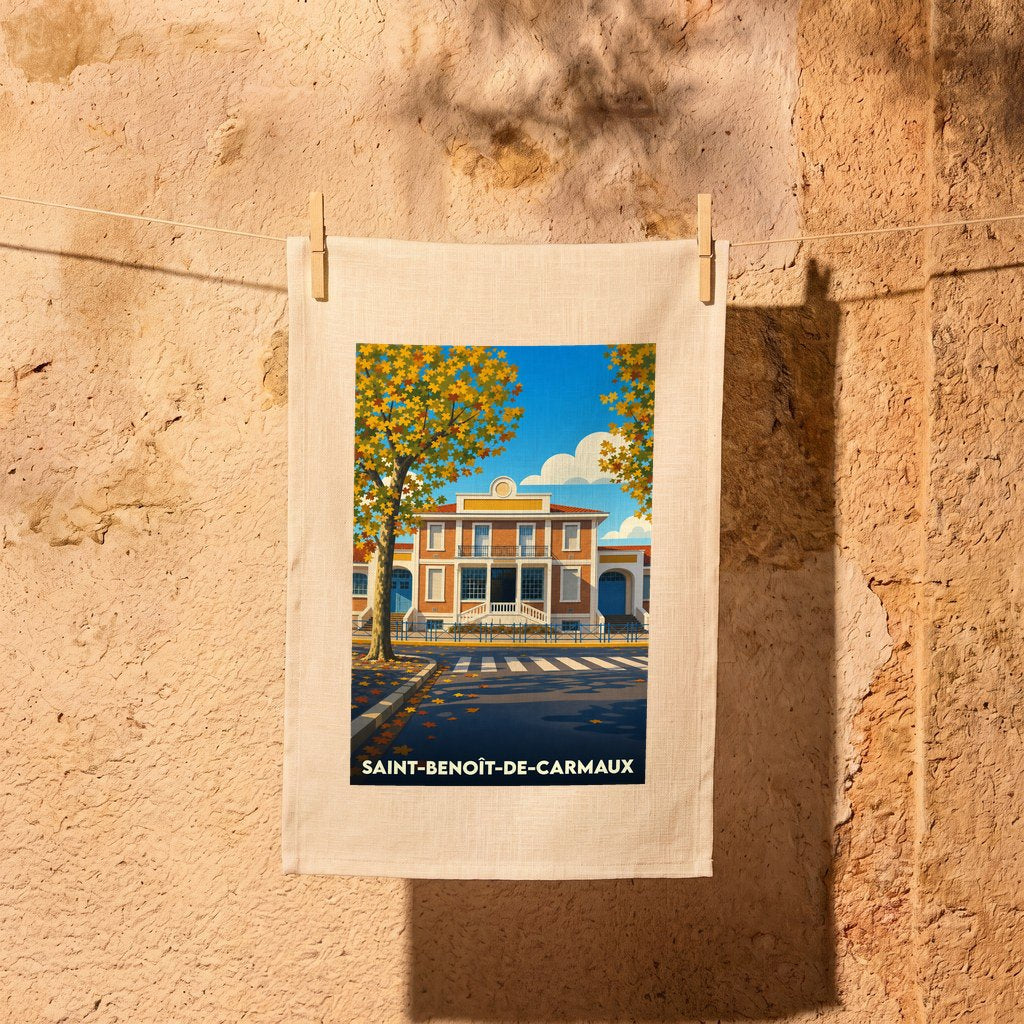 Torchon souvenir de la ville de Saint-Benoît-de-Carmaux avec une illustration stylisée.