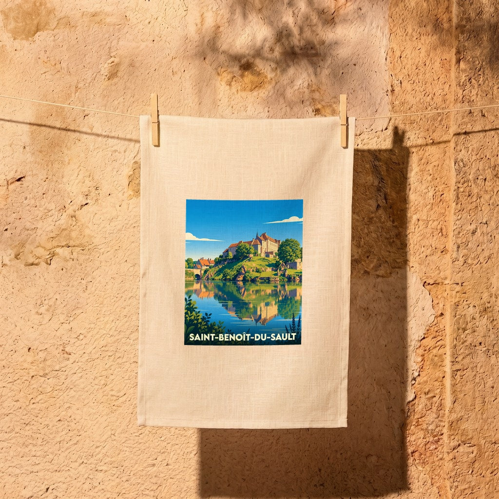 Torchon souvenir de la ville de Saint-Benoît-du-Sault avec une illustration stylisée.